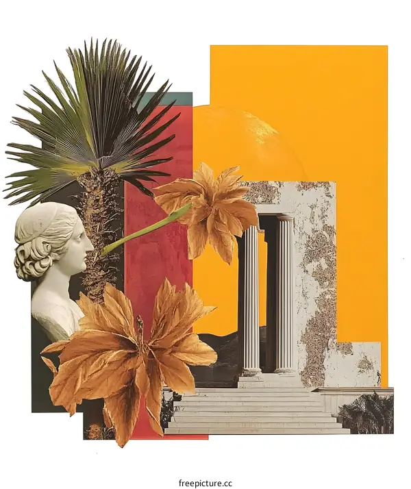 Abstract Art Collage With Roman Bust, Palm Tree, Flower, And Sun