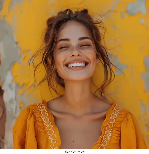 Smiling Woman in a Vibrant Orange Dress