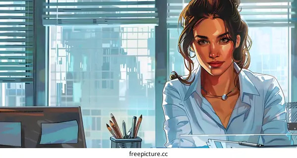 A beautiful young woman is sitting at her desk in an office.