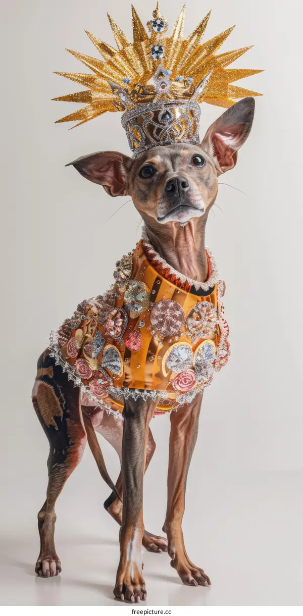 A dog wearing a golden crown and a golden necklace with colorful jewels
