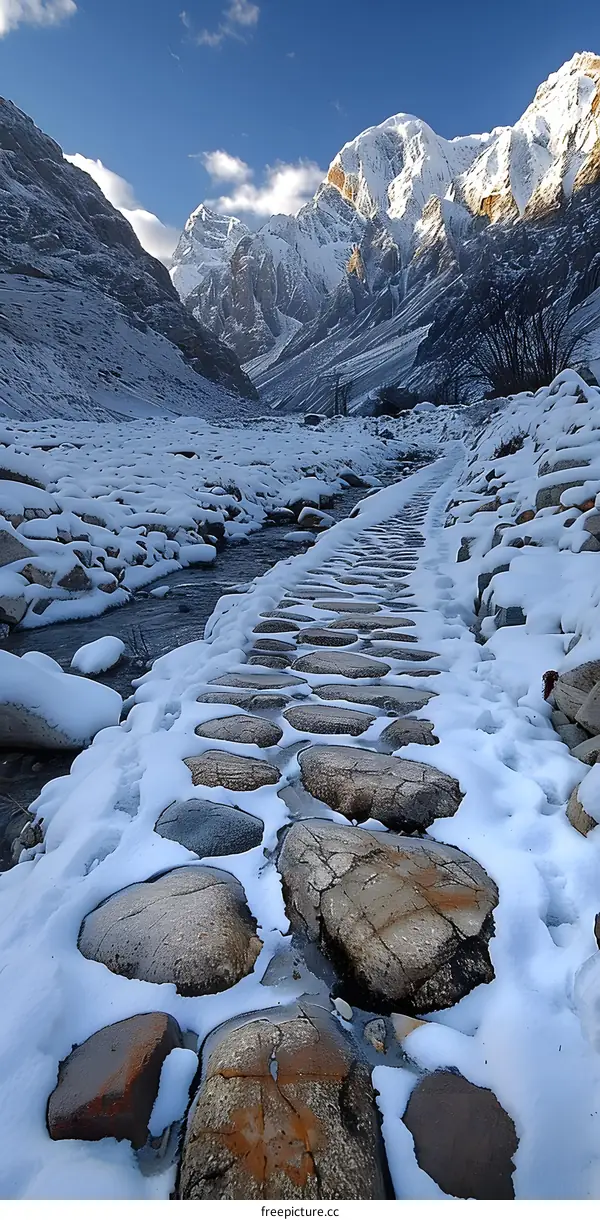 Rocky snow mountain path with snow covered rocks and stones