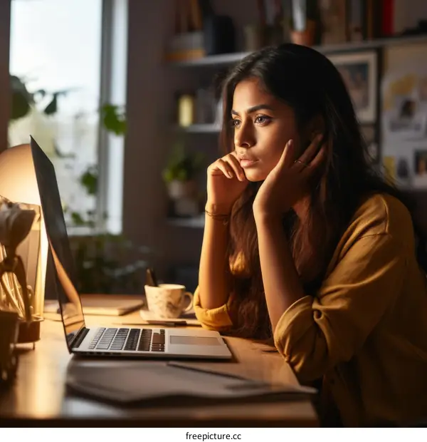 A young woman of Indian ethnicity sits at her desk looking at her laptop thoughtfully