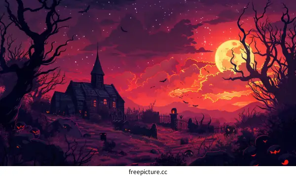 Spooky Church Graveyard with Bats at Night