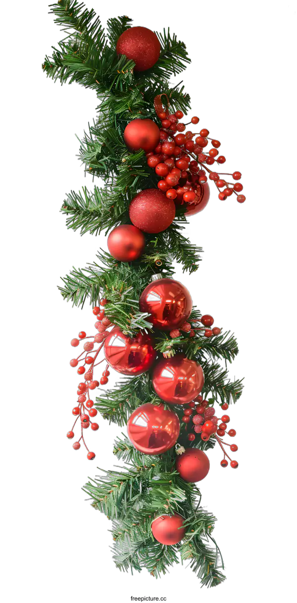 [Transparent Background PNG]Red Christmas Garland with Shiny Baubles and Berries