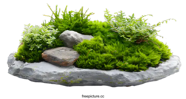 [Transparent Background PNG]Green Moss and Stone Arrangement on a White Background