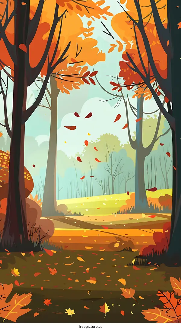Autumn Forest Landscape with Falling Leaves