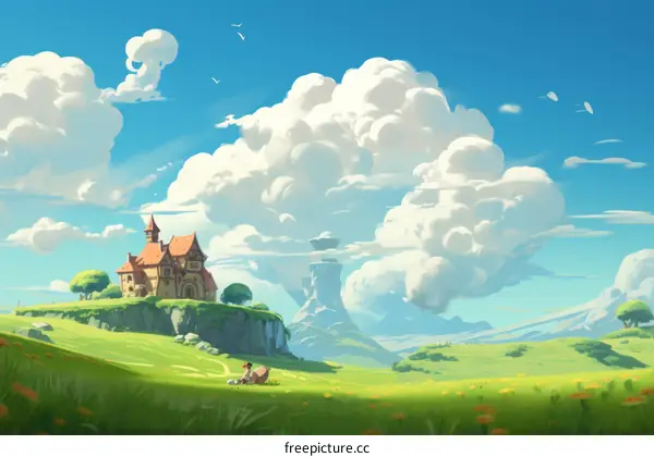 Girl Reading Under a Majestic Tree on a Green Hill