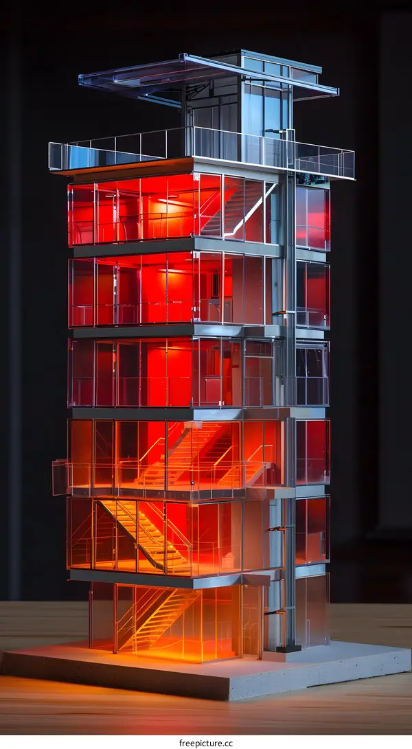 Modern Glass Building Architectural Model with Red Lighting