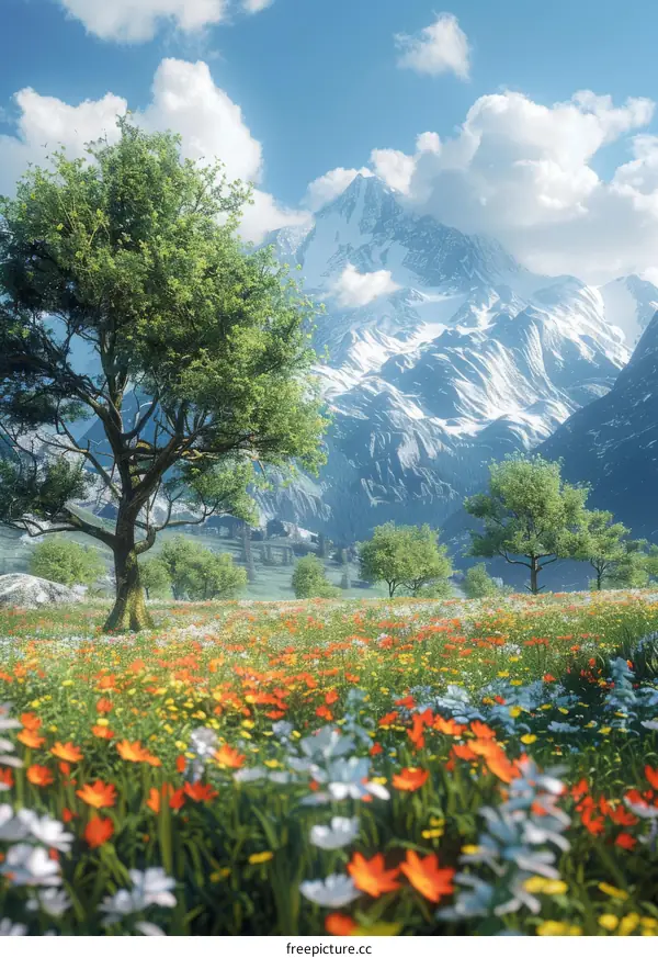 Vibrant Mountain Meadow with Snow-Capped Peaks