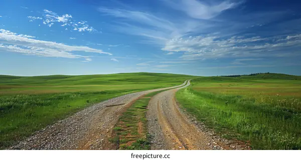 Country Road Through Rolling Green Fields Under a Blue Sky