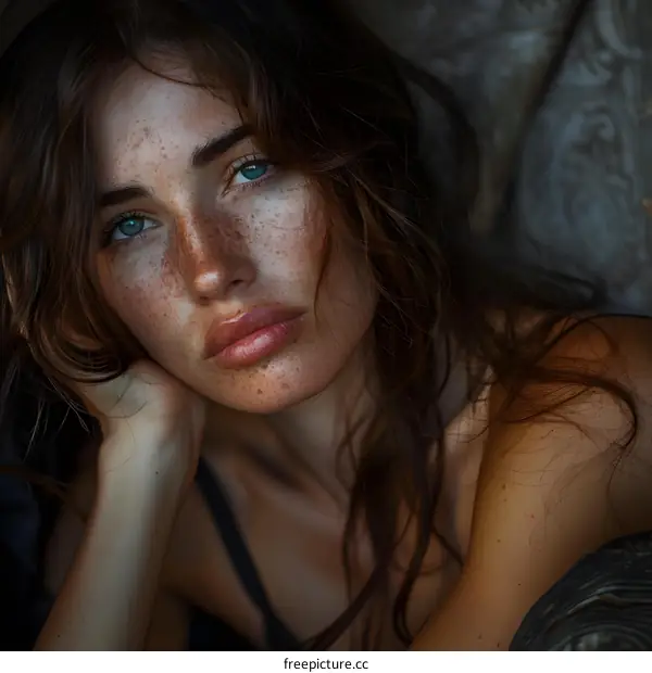 portrait of a beautiful young woman with freckles and blue eyes