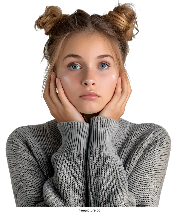 [Transparent Background PNG]Young Woman With Blonde Hair And Blue Eyes Wearing A Knit Sweater