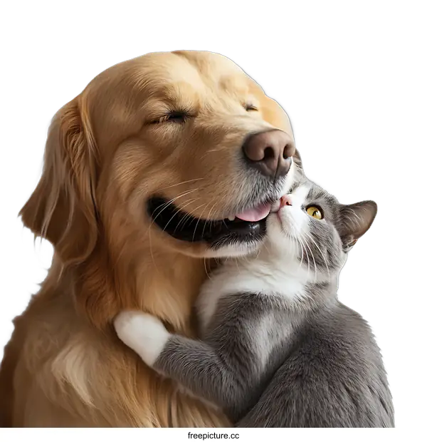 [Transparent Background PNG]Golden Retriever and Cat Hugging