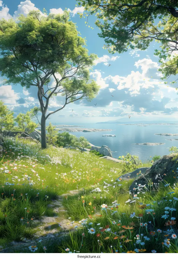 Rocky Coastline with Trees and Wildflowers