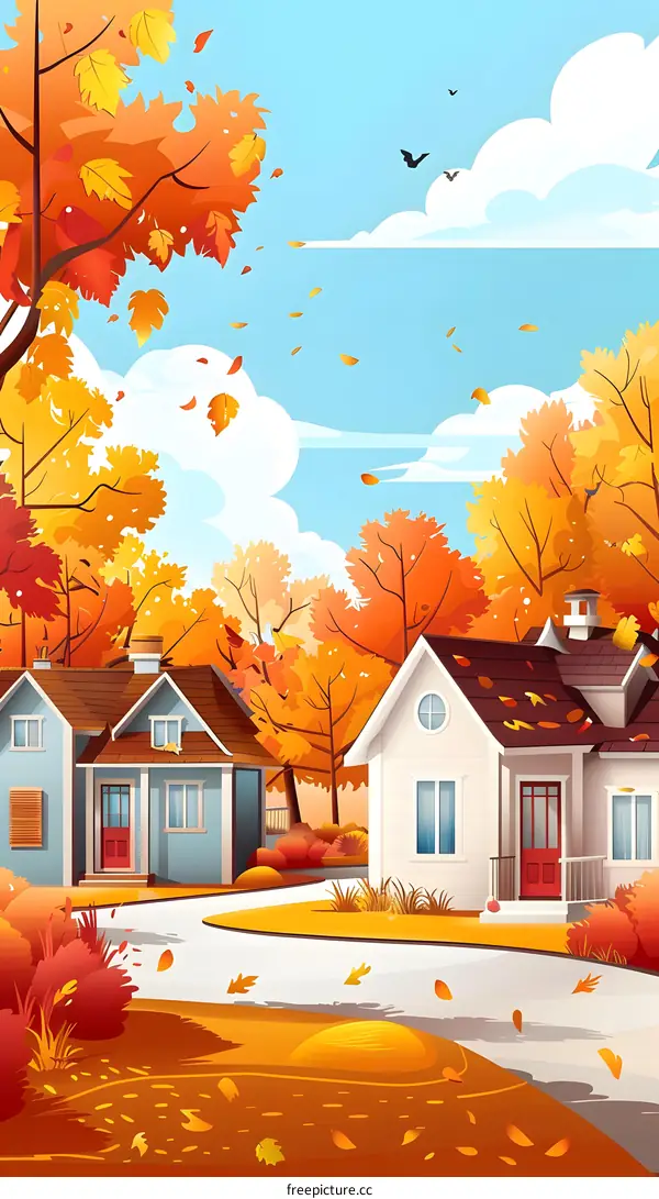 Autumn Landscape with Houses and Trees