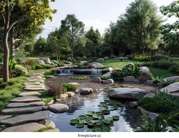 Landscape Design Rendering of Mountain Garden with Pavilion
