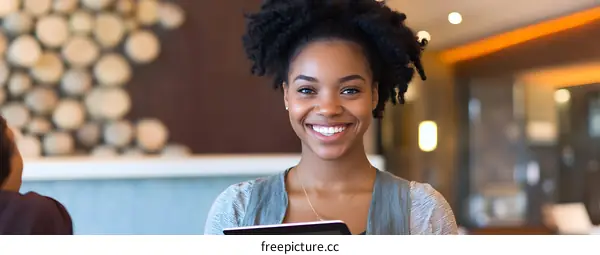 Smiling Black Woman Holding a Tablet in a Modern Office