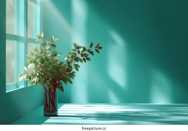 Teal Room Interior with Sunlight and Plant