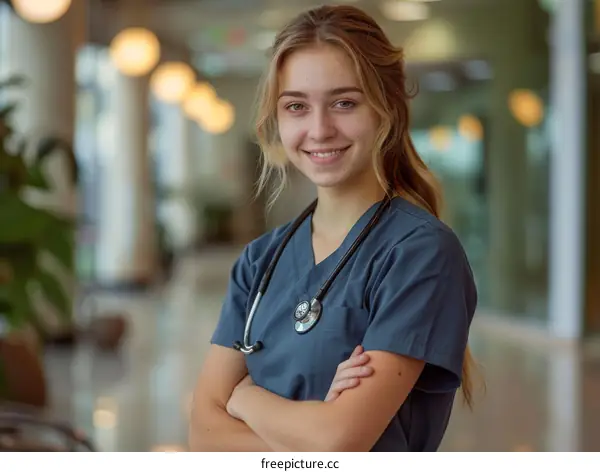 Portrait of a smiling young female nurse with arms crossed