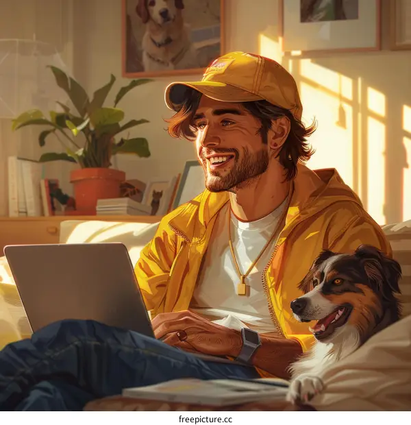 A young man and his dog are sitting on the couch and looking at the laptop.