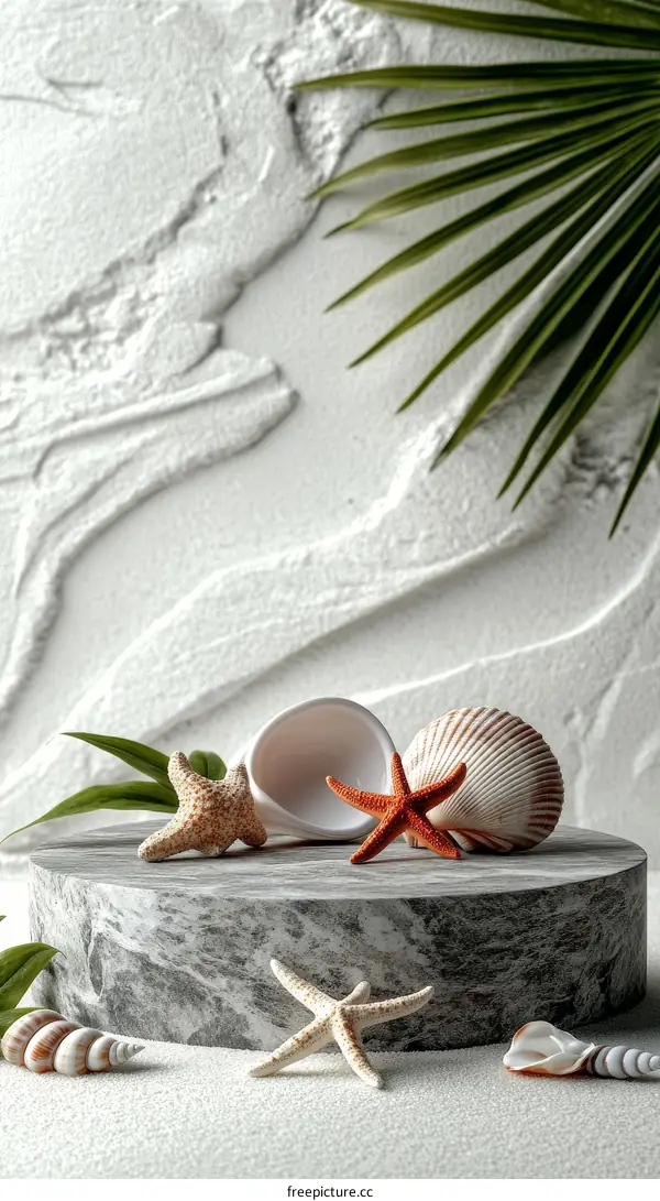Coastal Display Stand with Seashells and Starfish