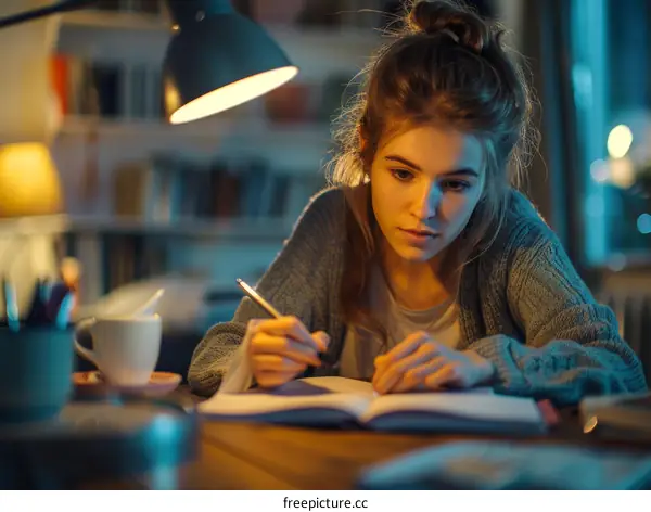 Young caucasian female student studying late at night in her room