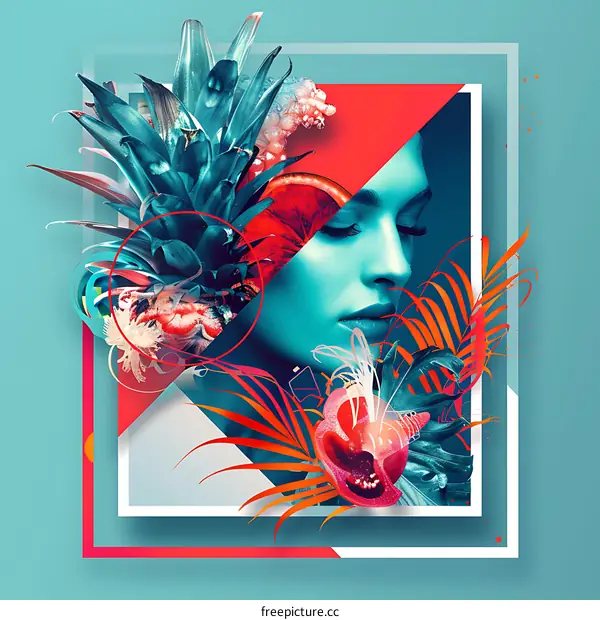 Tropical Collage Art with Woman Face and Pineapple