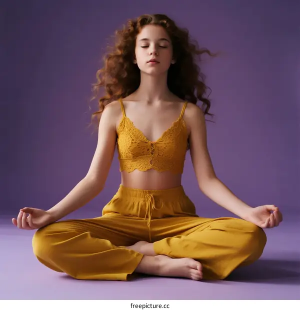 Young Woman in Yellow Outfit Meditating in Lotus Position