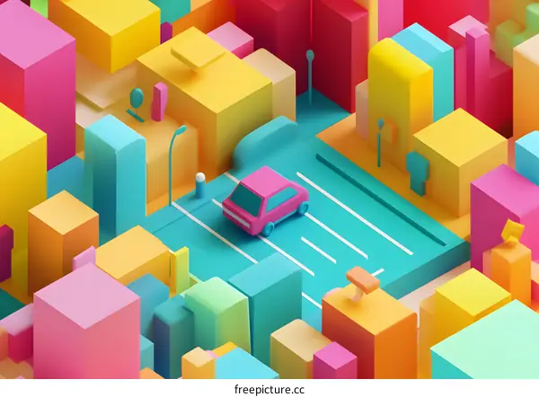 Abstract Colorful 3D Cityscape with Car and Street Lights