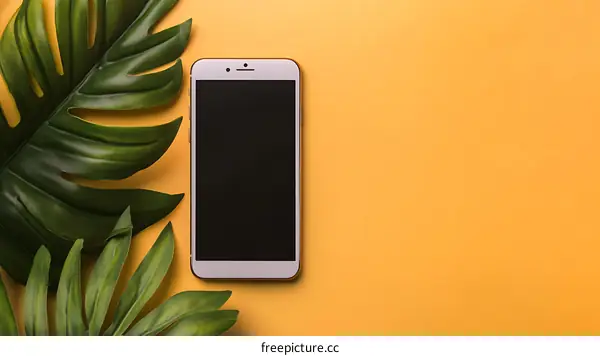 White Smartphone with Green Leaves on Yellow Background