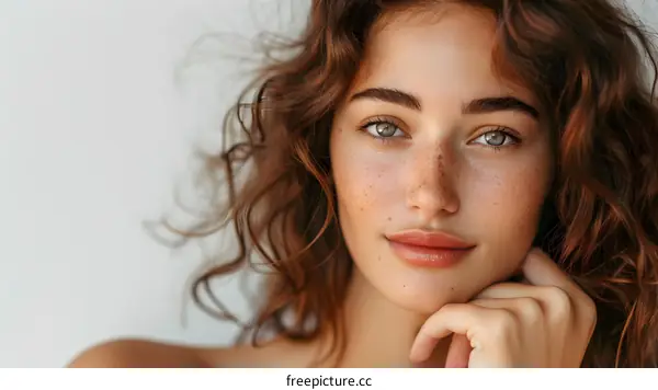 portrait of a beautiful young woman with freckles and green eyes