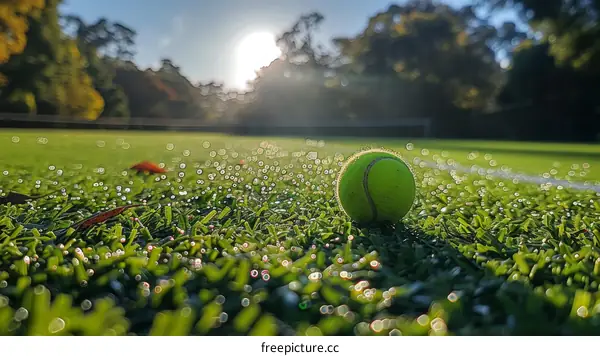 A green tennis ball on the grass with a blurry background