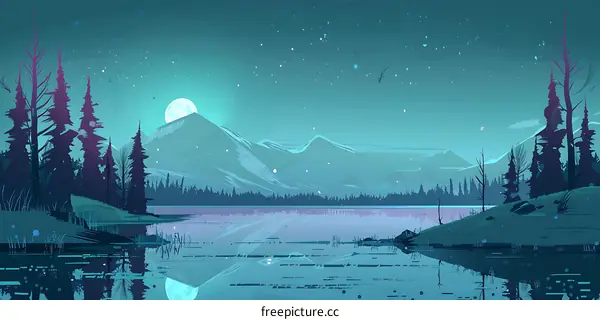 Night Mountain Lake Landscape Illustration