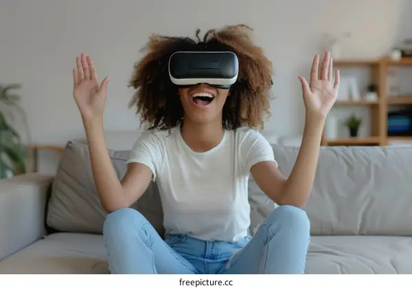 Black woman wearing virtual reality headset