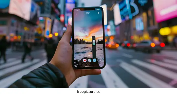 Person Holding Phone with Cityscape Background in Times Square