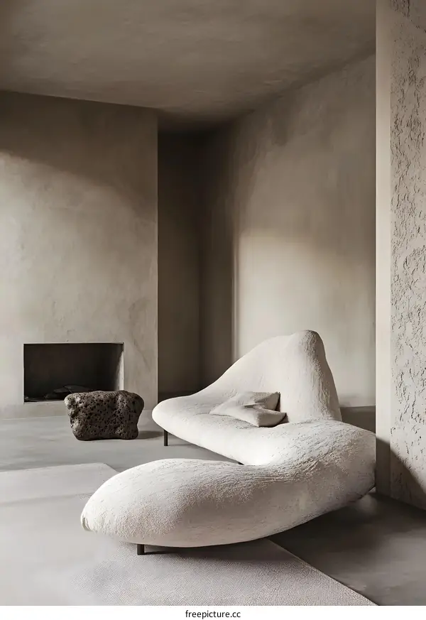 Modern Minimalist Interior Design with Curved Sofa and Fireplace