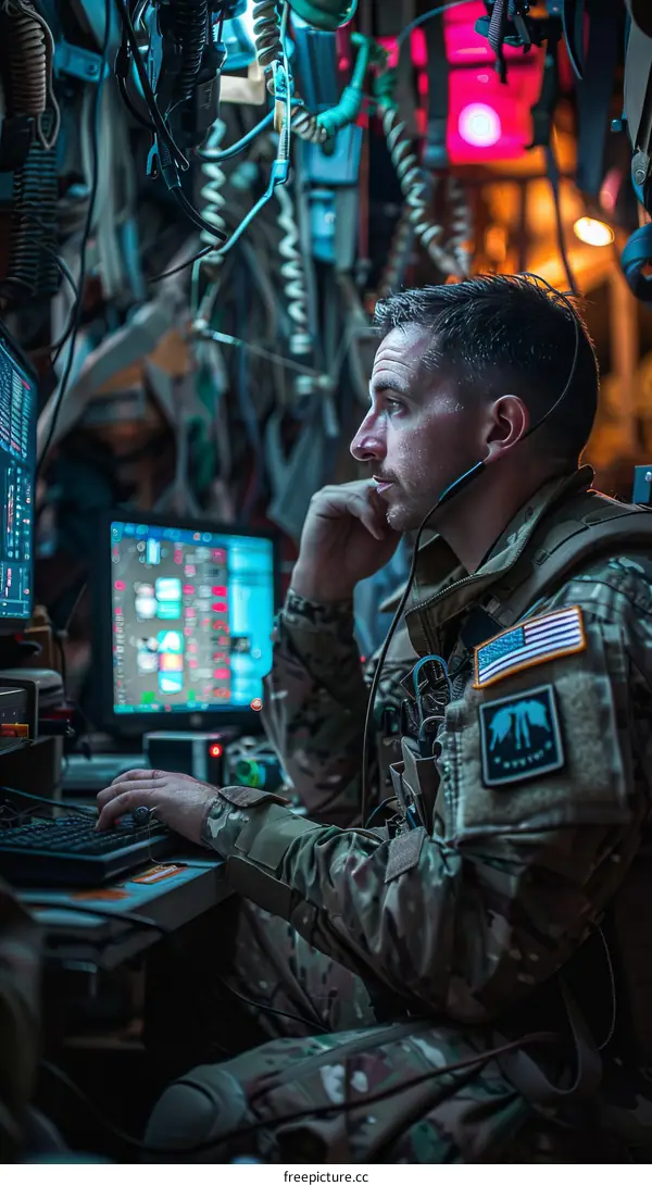 A soldier wearing a headset works on a computer.