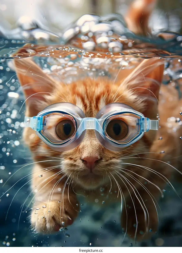 A ginger cat wearing swimming goggles is swimming in the water