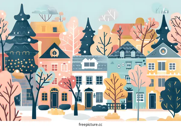 Winter Village Landscape Illustration with Colorful Houses and Trees