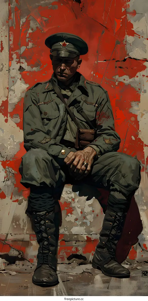 A soldier sits on a pile of rubble in front of a red wall.