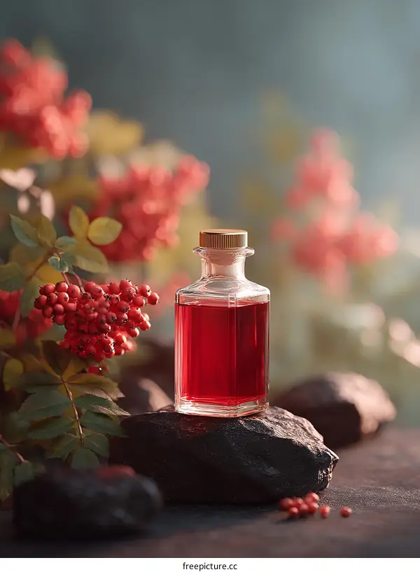 Red Essential Oil Bottle on Rocks with Berries