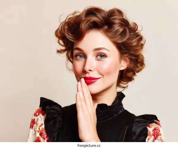 Beautiful Woman with Vintage Hairstyle and Red Lips