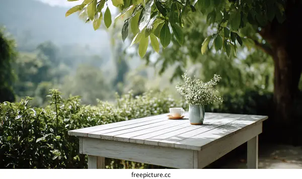 Outdoor Wooden Table Underneath a Tree with Flowers