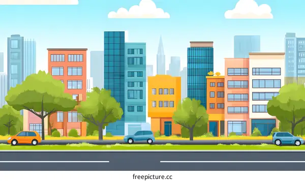Cityscape Illustration with Green Trees and Buildings