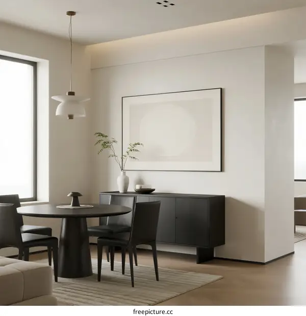 Modern minimalist dining room with round table and black cabinet