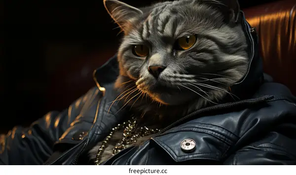 Cool Cat in Leather Jacket and Gold Chains