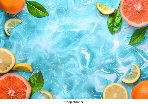 Blue Marble Background with Fresh Citrus Fruits and Green Leaves