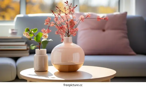 Minimalistic Still Life of Pink Flowers in Vase by Couch
