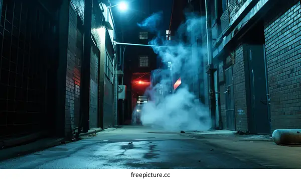 Dark and mysterious alleyway with blue smoke