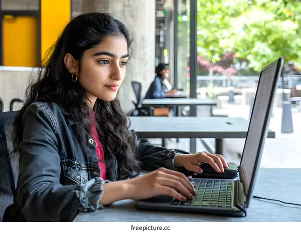 Young Indian Woman Working on Laptop in Modern Office Space